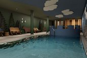 Kinderbecken im Familienhotel Zauchenseehof mit verspielter Wanddekoration und gemütlichen Sitzmöglichkeiten.