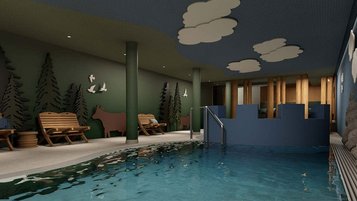 Kinderbecken im Familienhotel Zauchenseehof mit verspielter Wanddekoration und gemütlichen Sitzmöglichkeiten.