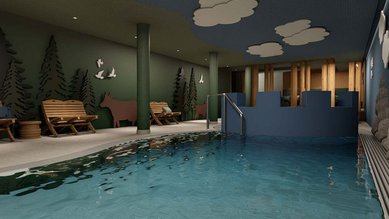 Kinderbecken im Familienhotel Zauchenseehof mit verspielter Wanddekoration und gemütlichen Sitzmöglichkeiten.