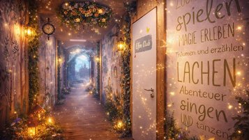 Märchenhafter Flur im Hotel Rhön Feeling mit Lichterglanz, Laternen und Blumenranken; am Ende ein leuchtendes Portal zu einem Schloss, rechts eine Tür mit „Elfen Club“-Schild und Wandtext.