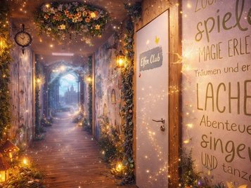 Märchenhafter Flur im Hotel Rhön Feeling mit Lichterglanz, Laternen und Blumenranken; am Ende ein leuchtendes Portal zu einem Schloss, rechts eine Tür mit „Elfen Club“-Schild und Wandtext.