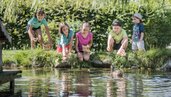 Im Familienhotel Alpenhof Dolomit Family in Südtirol können Kinder mit dem Naturdetektiv vieles entdecken. Die Kinder sitzen am Teich und beobachten eine Ente.