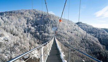 Lange Hängebrücke über einem verschneiten Waldtal an einem klaren, sonnigen Wintertag.