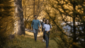 Familienhotel Bella Vista: Familie wandert durch einen herbstlichen Wald in Südtirol.