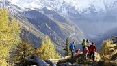 Familie wandert durch die herbstliche Berglandschaft in Südtirol.