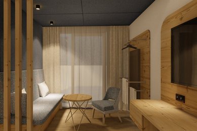 Visualisierung der gemütlichen Sitzecke im Familienzimmer des Familienhotels Zauchenseehof mit Holzelementen, Sofa und stilvoller Beleuchtung.