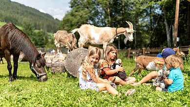 Kinder sitzen glücklich im Streichelgehege und sind umzingelt von Ziegen, Ponys, Hasen im Familienhotel Galtenberg Family & Wellness Resort in Tirol.