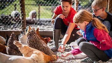 Kinder besuchen im Rahmen der Kinderbetreuung im Familienhotel Oberkarteis im Salzburger Land den hoteleigenen Kleintierbereich.