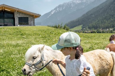 Mädchen führt ein weißes Pony an der Leine über eine Wiese beim Familienhotel Kindl.