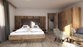 Visualisierung eines Ein modernen Familienhotelzimmers im Oberkarteis mit viel Holz und warmen Farben lädt zum Entspannen ein – hier fühlt sich die ganze Familie wohl