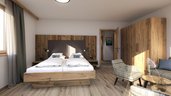 Visualisierung eines Ein modernen Familienhotelzimmers im Oberkarteis mit viel Holz und warmen Farben lädt zum Entspannen ein – hier fühlt sich die ganze Familie wohl