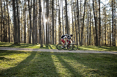 Zwei Mountainbiker im Wald rund um das Hotel Tirolerhof in Tirol