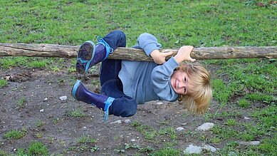 Ein Junge klettert an einem Baumstamm herum im Familienhotels Monikas Ferienhof.