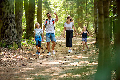 Familie wandert bei schönen Wetter durch den schönen Bayerischen Wald.
