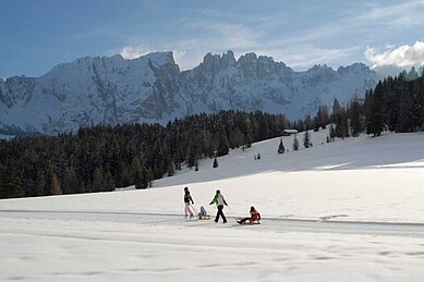 Panorama-Winterlandschaft in der Nähe vom Familienhotel Engel Gourmet & Spa in Südtirol. Hier herrschen ideale Bedingungen für Winterwanderungen mit der ganzen Familie.