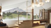 Moderner Wellnessbereich im Familienhotel Zauchenseehof mit Blick ins Grüne und gemütlichem Kamin.