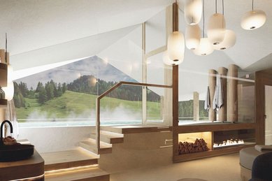 Moderner Wellnessbereich im Familienhotel Zauchenseehof mit Blick ins Grüne und gemütlichem Kamin.