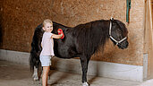 Kleines Mädchen pflegt mit einem Kamm ein Pony in der Reithalle des Familienhotels Schreinerhof im Bayerischen Wald.