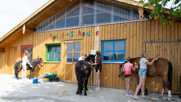 Kinder pflegen und streicheln beim Pferdewellness die Pferde des Familienhotels Der Böhmerwald.