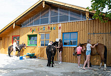 Kinder pflegen und streicheln beim Pferdewellness die Pferde des Familienhotels Der Böhmerwald.