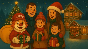 Illustration einer fröhlichen Familie mit dem Familotel Maskottchen Happy, alle halten bunte Geschenkpakete, während im Hintergrund ein weihnachtlich beleuchtetes Familienhotel und ein geschmückter Christbaum stehen.
