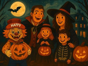 Ein illustratives Bild einer Familie mit zwei Kindern in Halloween-Verkleidung