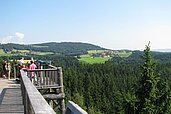 Aussichtsplattform auf die Landschaft und Berge in der Nähe vom Kinderhotel Bruckwirt in Oberösterreich.