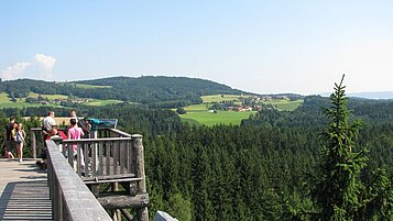 Aussichtsplattform auf die Landschaft und Berge in der Nähe vom Kinderhotel Bruckwirt in Oberösterreich.