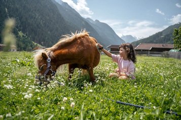 Mädchen sitzt im Gras und bürstet liebevoll ein Pony im Familienhotel Kindl.