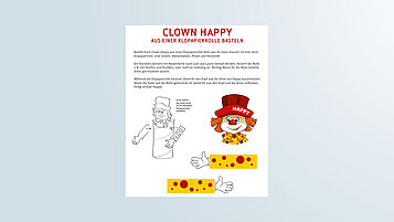Bastelanleitung um Clown Happy aus Klopapierrollen zu basteln.