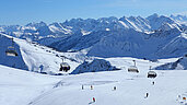 Panoramabild des familienfreundliche Skigebiets in Vorarlberg. Direkt am Skigebiet liegt das Familienhotel Sonne Bezau.