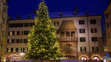 Ein festlich geschmückter Weihnachtsbaum erstrahlt in warmem Lichterglanz vor dem berühmten Goldenen Dachl in Innsbruck, während sich Besucher durch den stimmungsvollen Weihnachtsmarkt treiben lassen